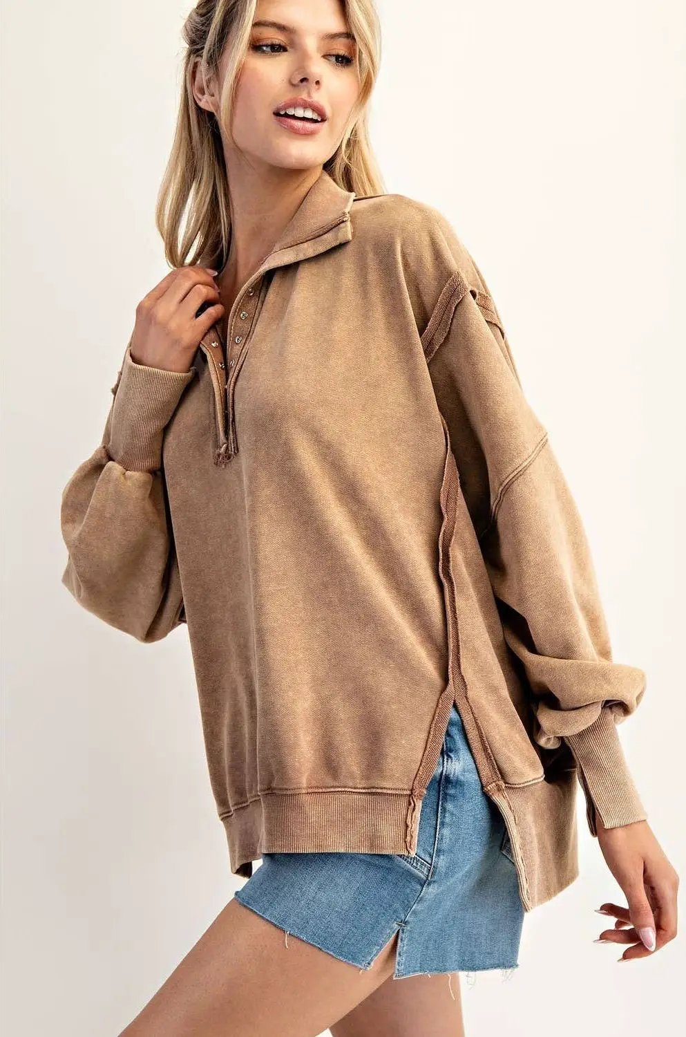 STYLE USA The Slow Burn Mocha Snap Collar Pullover - Sweatshirts