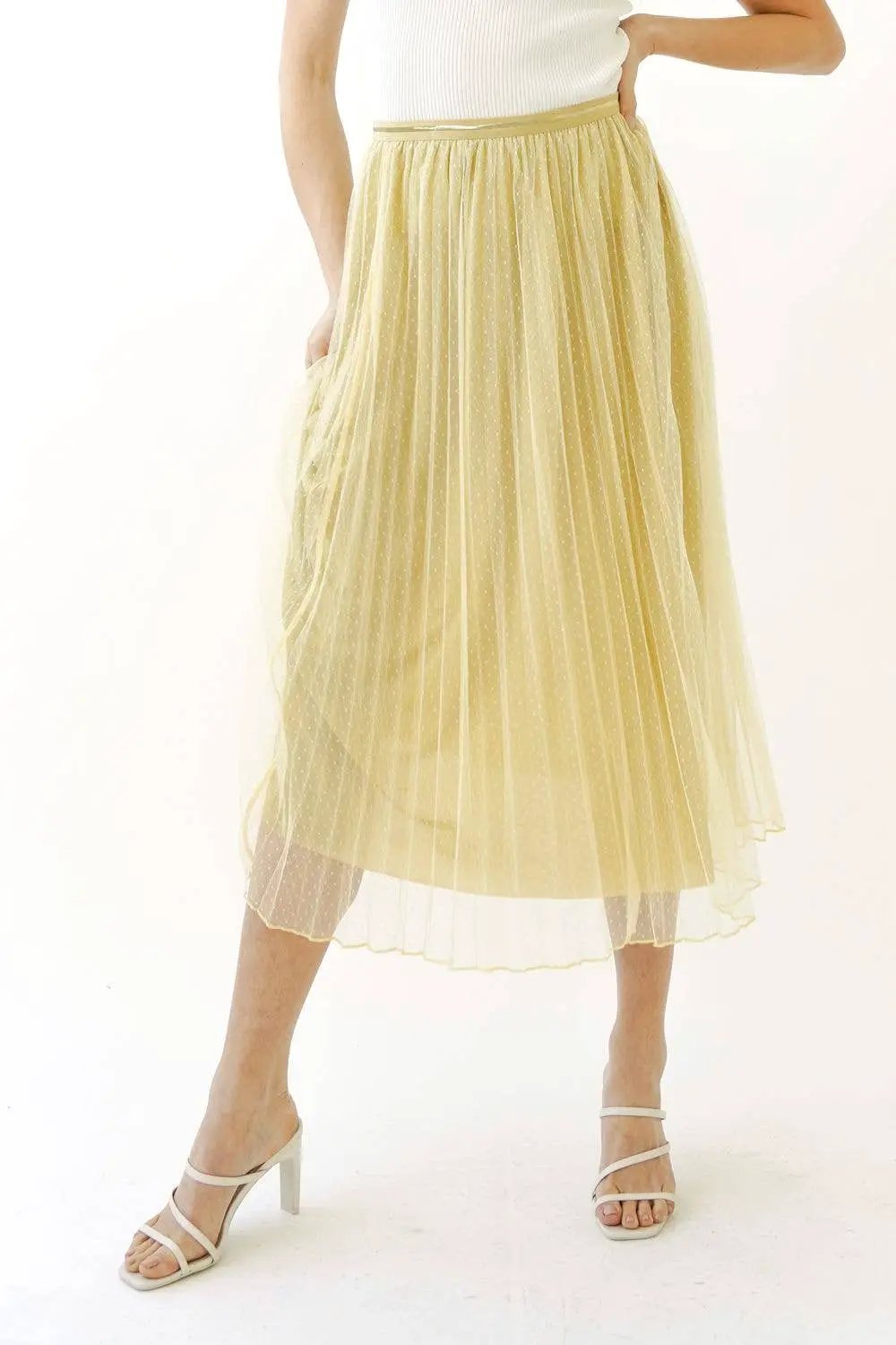 Mystree Mystree - Champagne Daydream Pleated Tulle Midi Skirt - Skirts