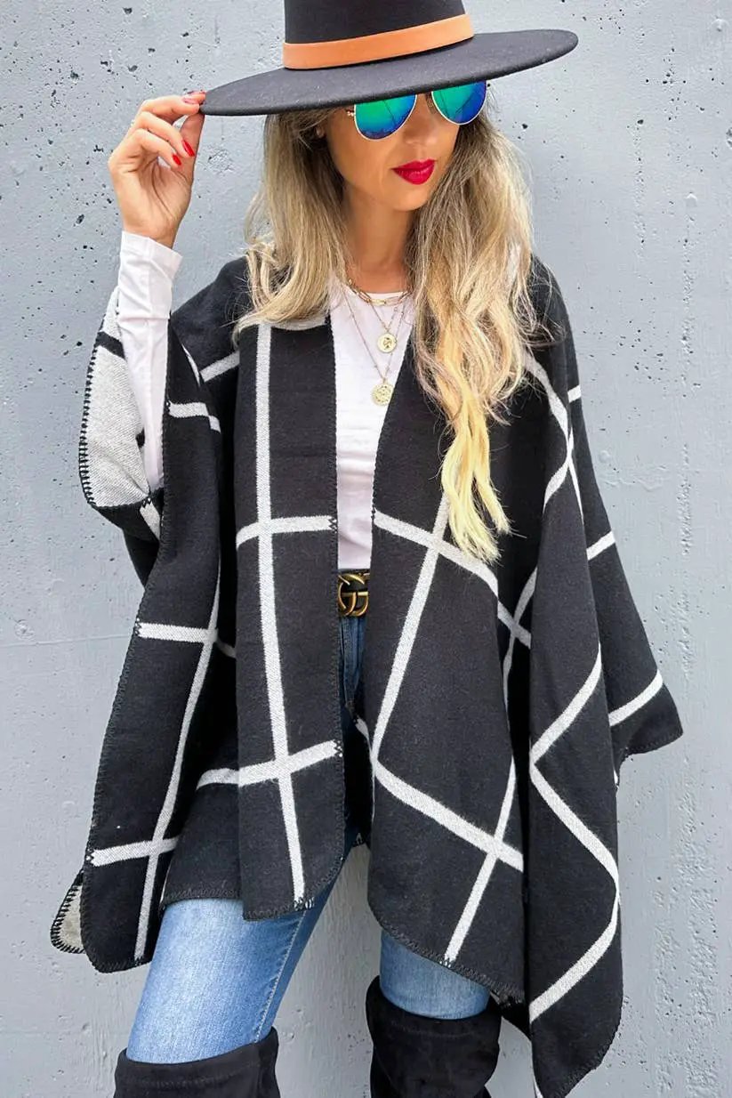AMOLI AMOLI - Black Grey Dual-Tone Check Printed Cozy Reversible Ruana - Cardigans