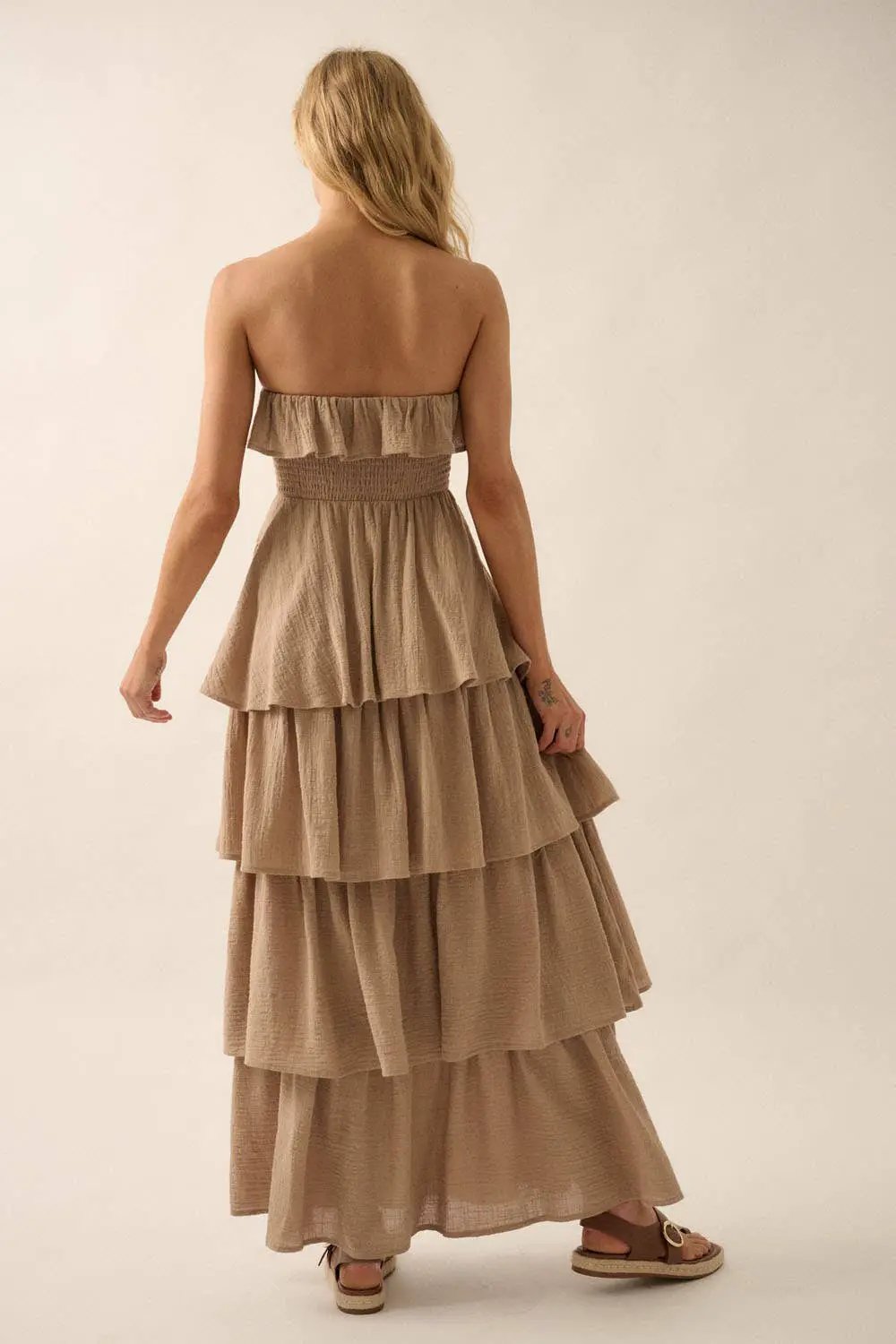 Promesa USA Sand Textured Cotton Strapless Tiered Ruffle Maxi Dress - Dresses Promesa USA Sand Textured Cotton Strapless Tiered Ruffle Maxi Dress