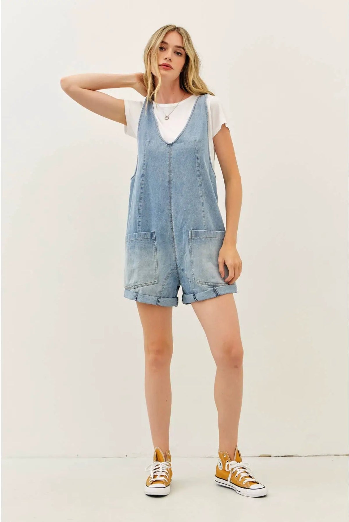 idem ditto RELAXED FIT WASHED DENIM ROMPER WITH FRONT POCKETS - One-Pieces