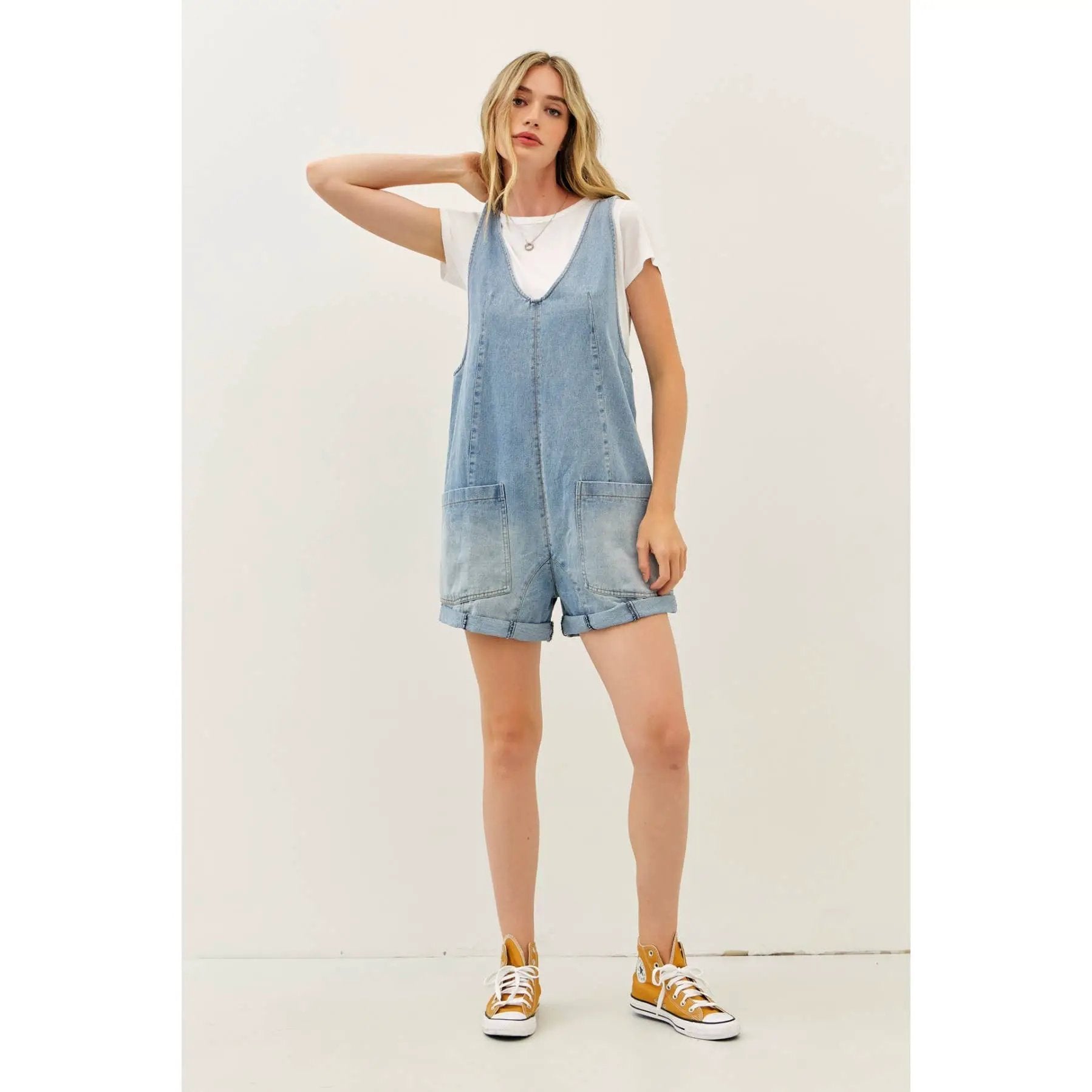 idem ditto RELAXED FIT WASHED DENIM ROMPER WITH FRONT POCKETS - One-Pieces
