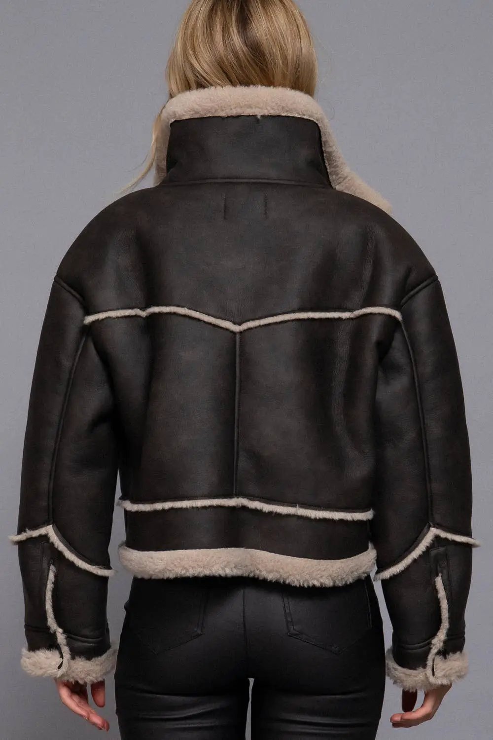Active Basic | Active USA Active Basic | Active USA - Black Long Sleeve Pocket Detail Faux Leather Inner Fur Jacket - Bomber Jackets