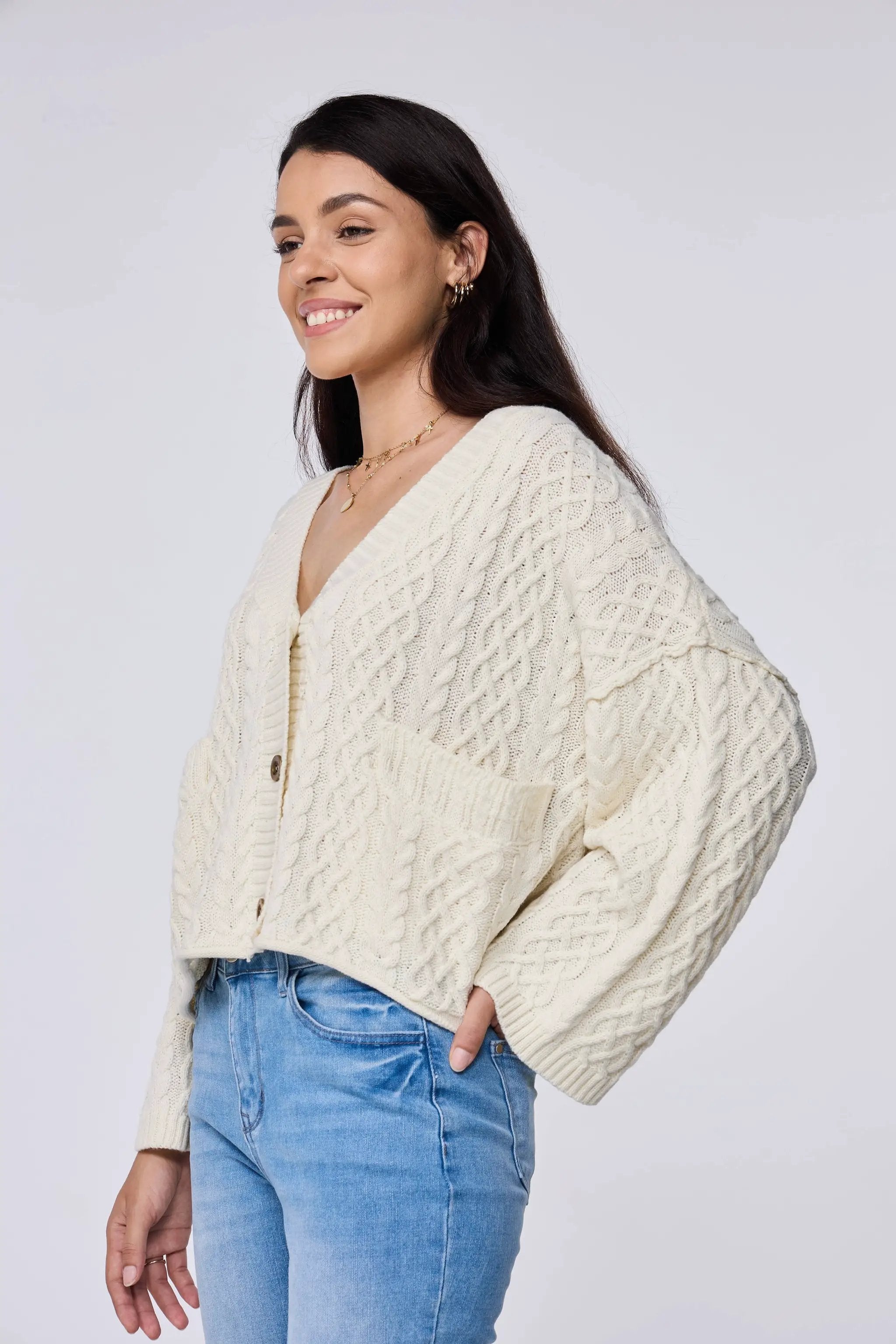 Lovesoft Lovesoft - 100% Acrylic Relaxed Cozy Cable Knit Cardigan - Apricot - Cardigans