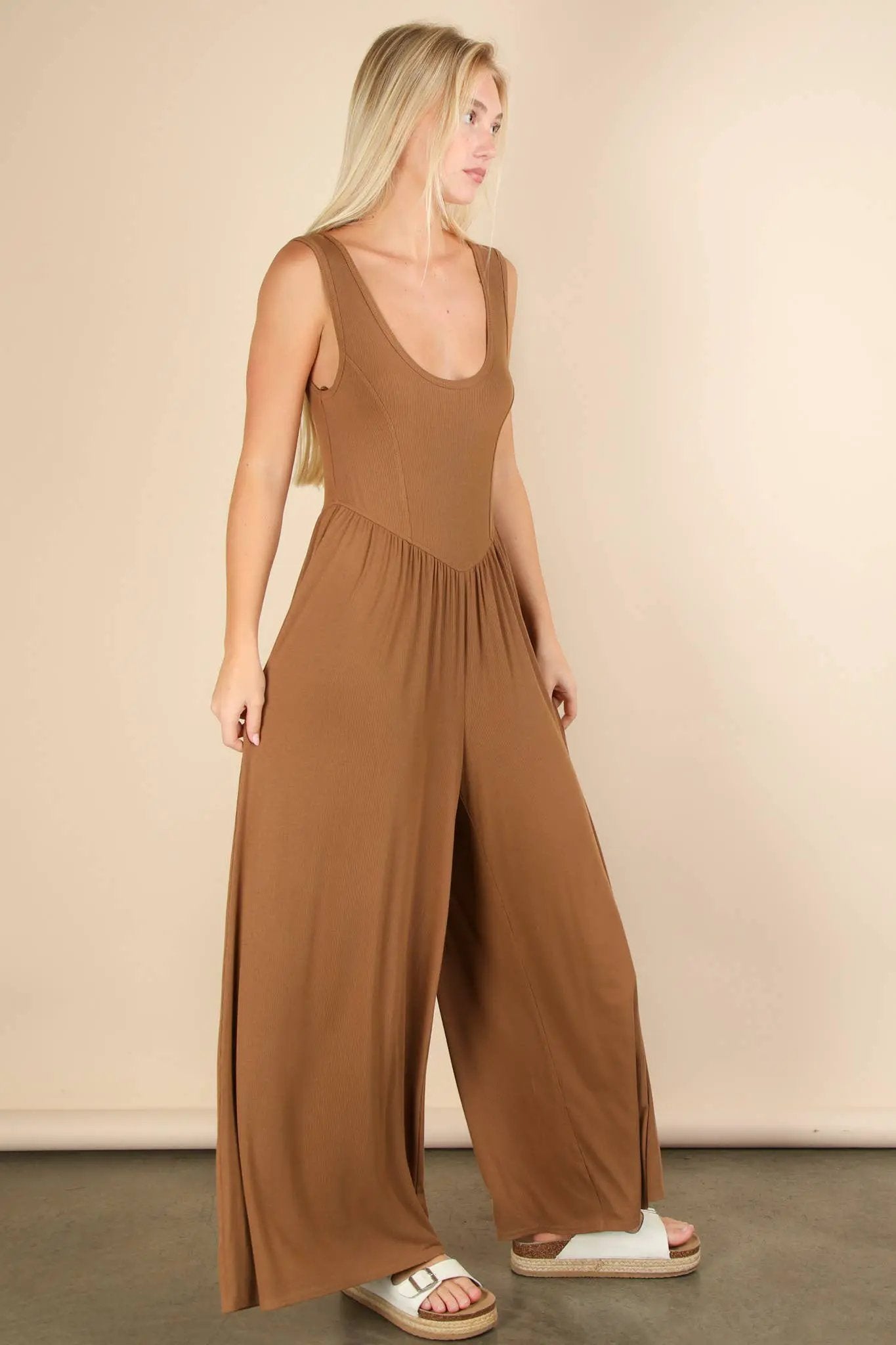 New In Camel Brown Casual Ribbed Knit Sleeveless Jumpsuit - One-Pieces