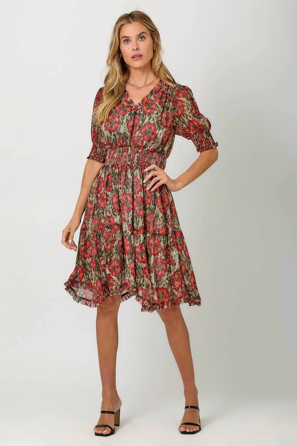 Mystree Mystree Red/Sage Lurex Flower Dress - Dresses