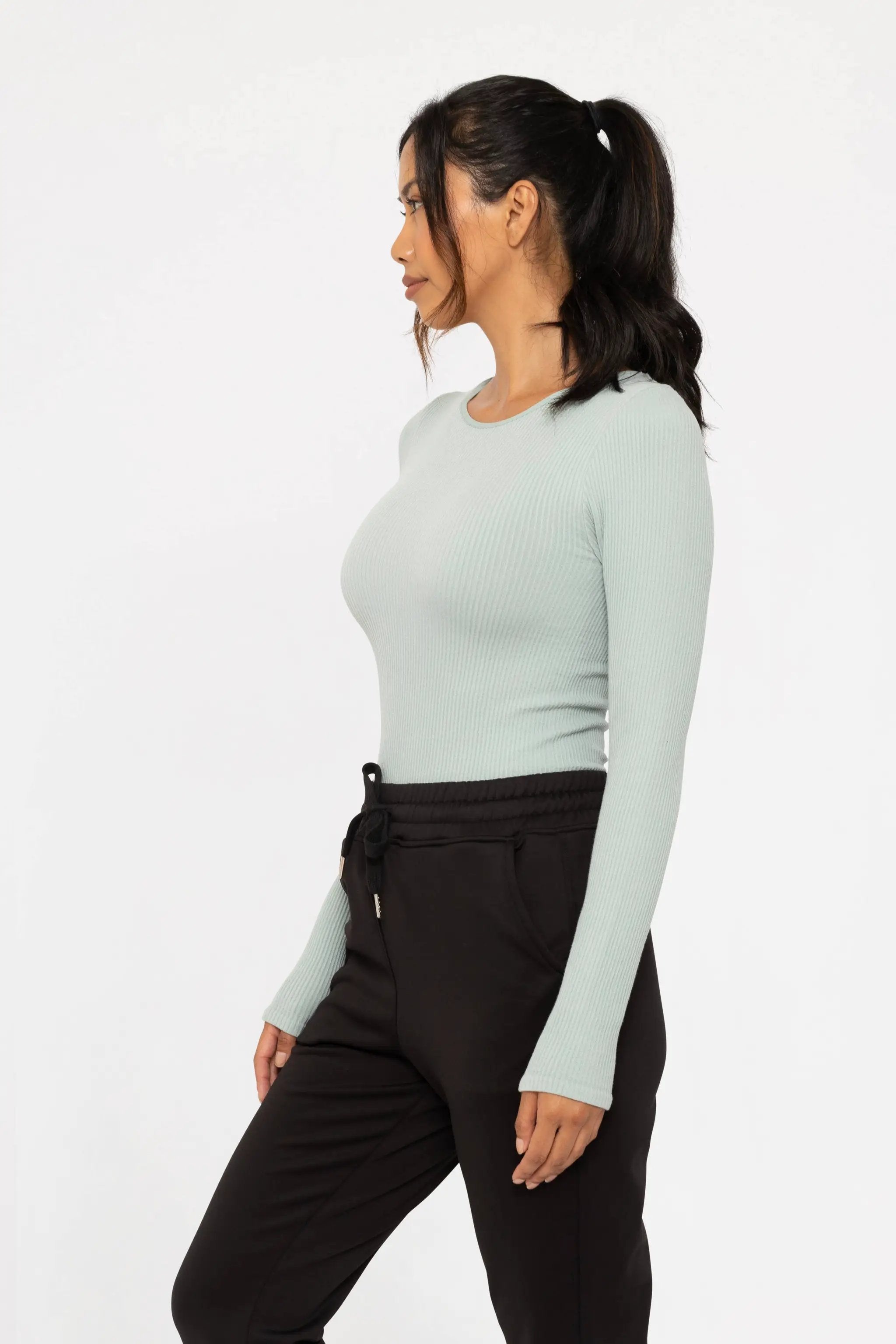 Mono B Mono B - Seamless Ribbed Long Sleeve Top in Vintage Blue - Shirts