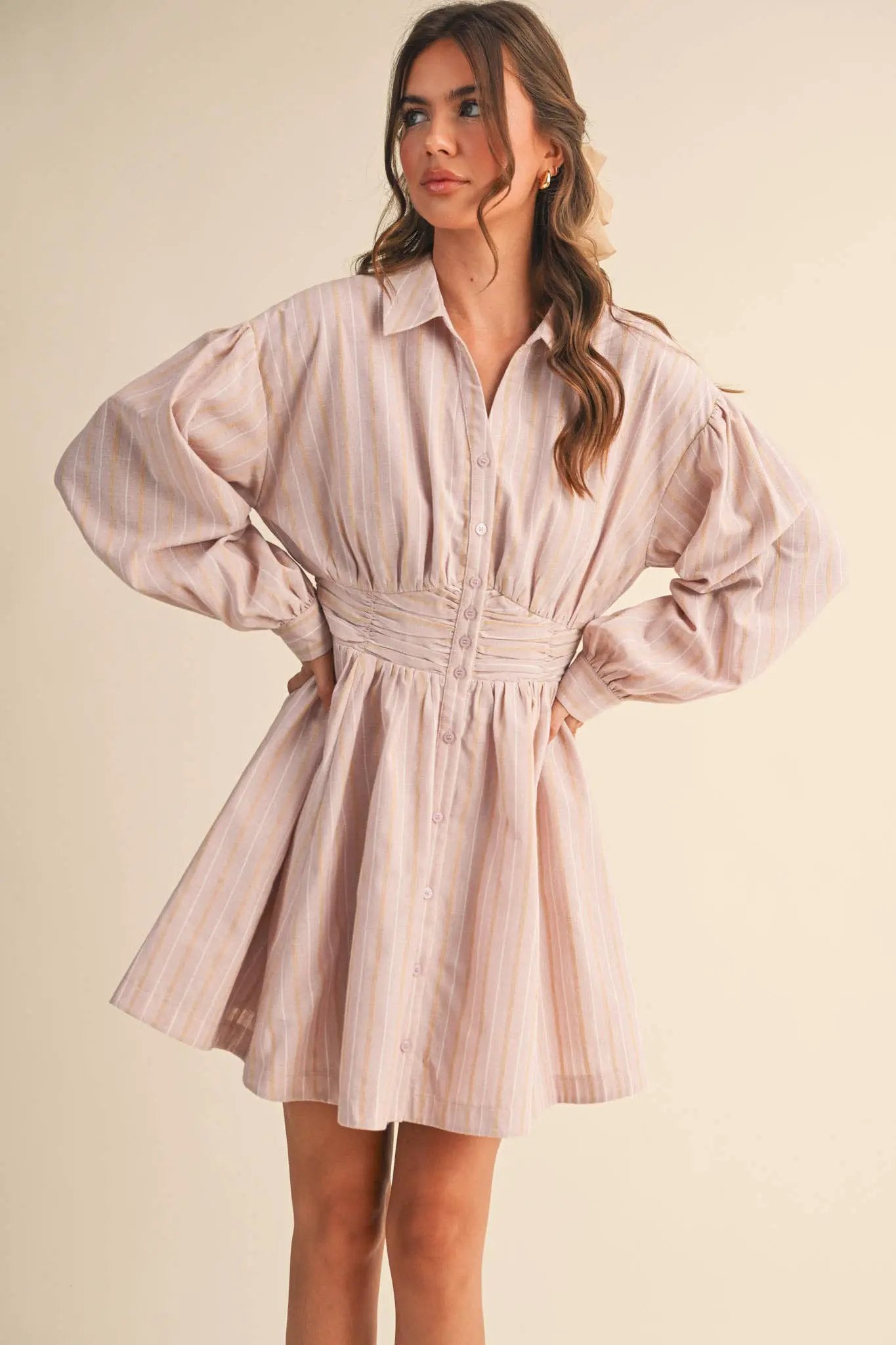 &MERCI Blushing Stripes Ruched Waist Mini Dress - Dresses