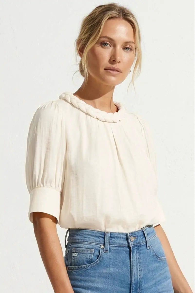 Naked Zebra The Half Sleeve Braided Detail Blouse: Winter White - Blouses