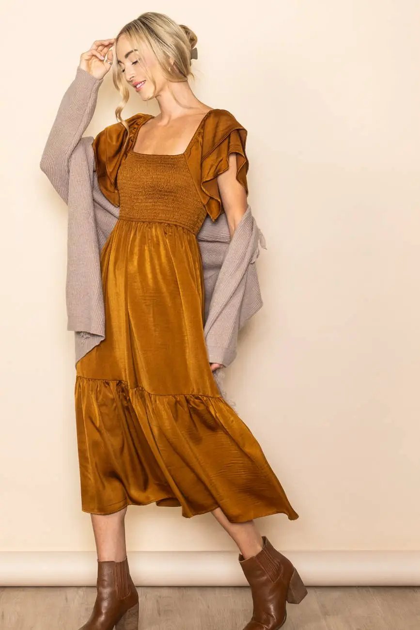 Elloh Collection Copper Satin Flowy Flutter Sleeve Smocked Dress - Dresses