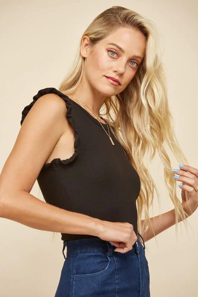 WISTERIA LANE Wisteria Lane - Midnight Muse Ribbed Ruffle Bodysuit - Bodysuits