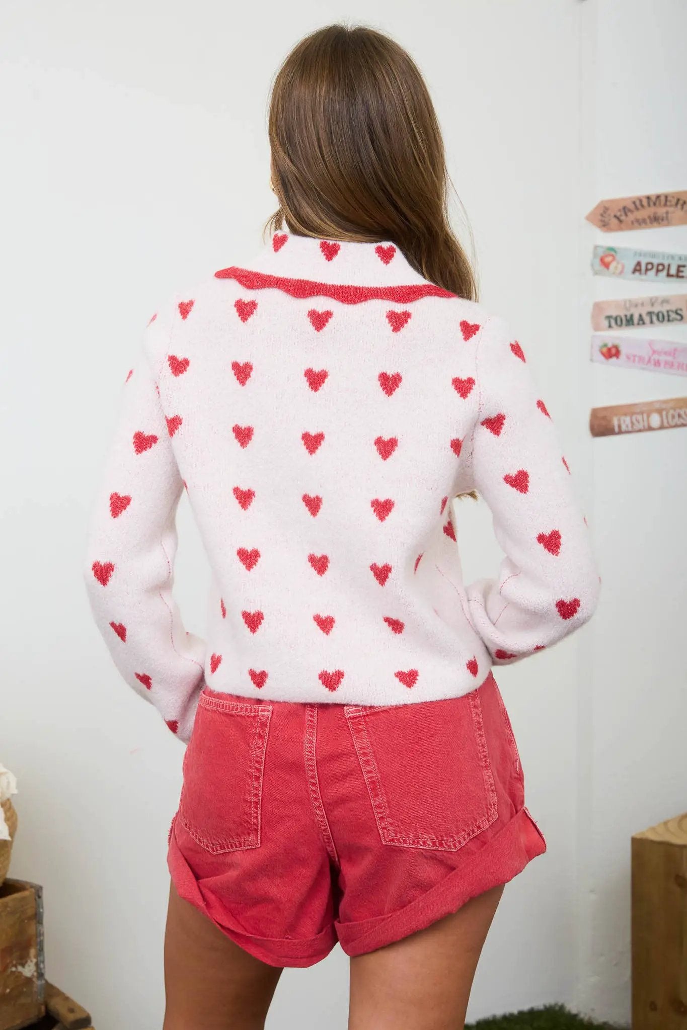 Blu Pepper Sweetheart Scallop Button-Down Cardigan – Cream & Red Heart Knit - Cardigans