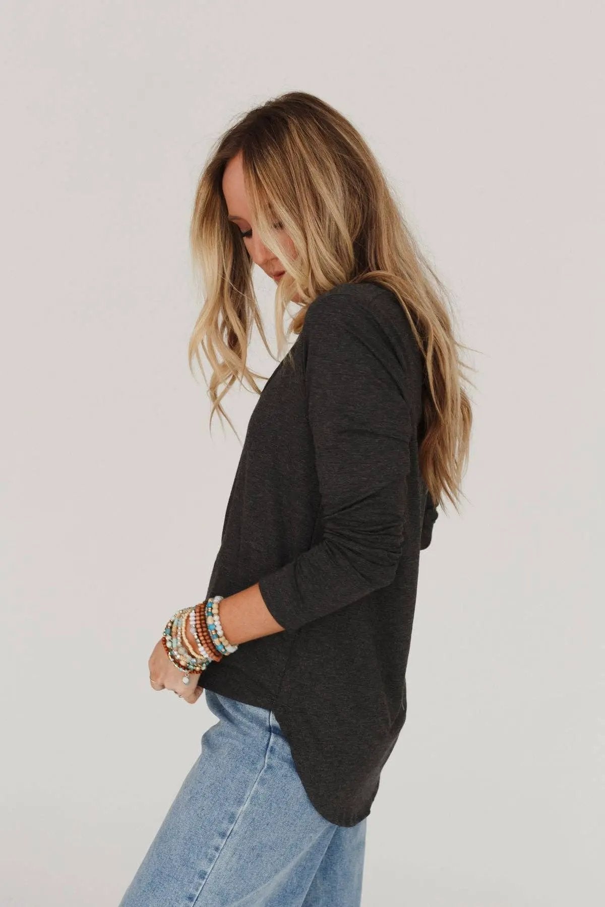 Three Bird Nest Three Bird Nest - Ryder Long Sleeve Bralette Tee - Charcoal - Clothing Tops tops-basics