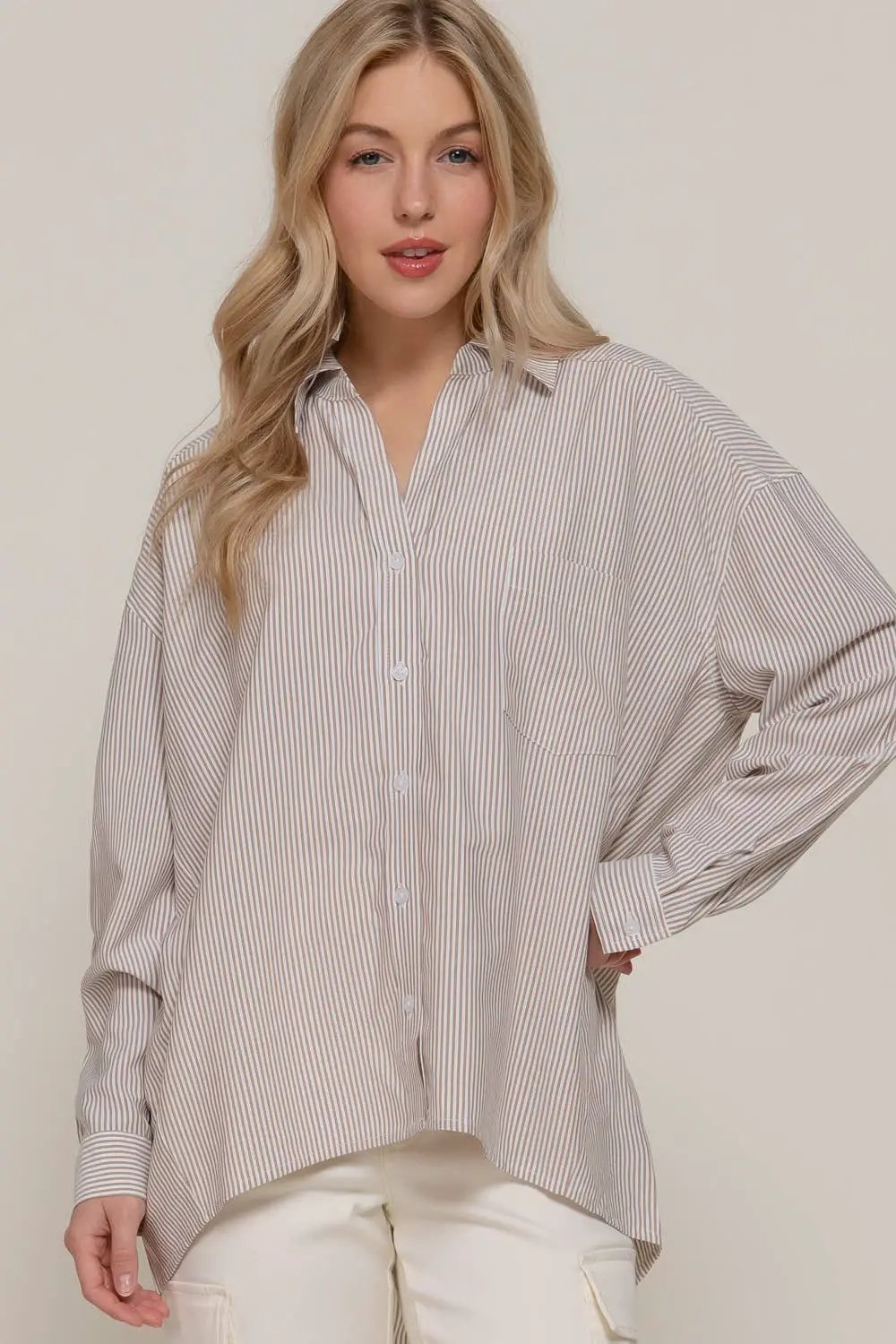 Active Basic | Active USA Active Basic | Active USA - Long Dolman Sleeve Oversized Stripe Button Up Collared Shirt: Khaki/Off White - Clothing Tops