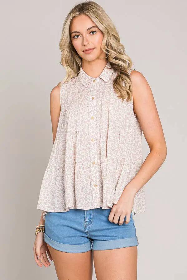 Cerule Ditsy Floral Button Up Sleeveless Ruffle Tiered Woven Shirt - Shirts