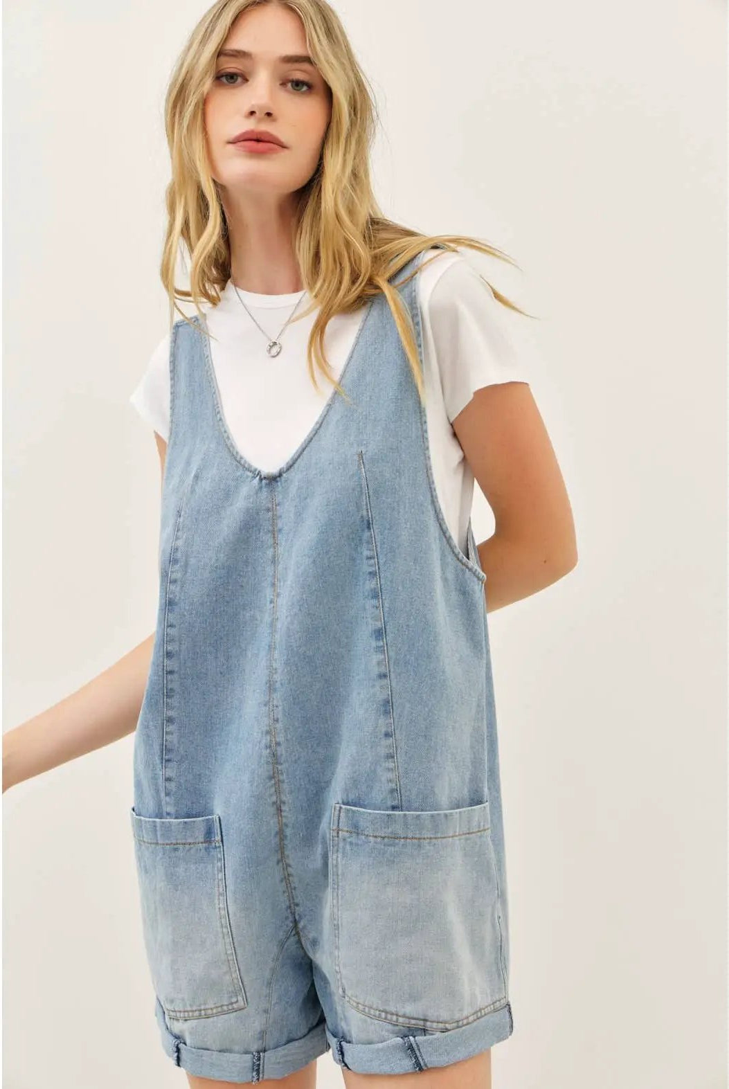idem ditto RELAXED FIT WASHED DENIM ROMPER WITH FRONT POCKETS - One-Pieces