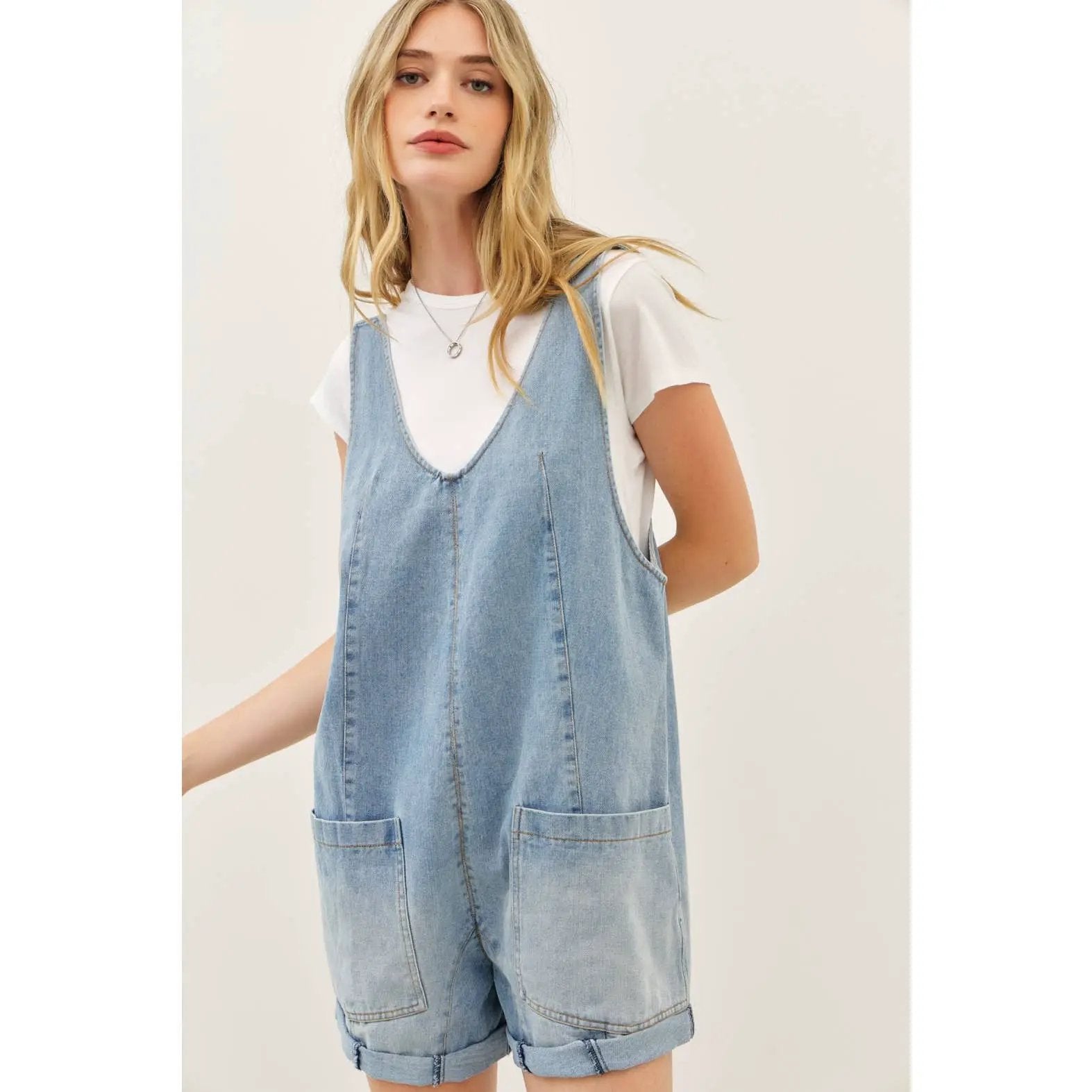 idem ditto RELAXED FIT WASHED DENIM ROMPER WITH FRONT POCKETS - One-Pieces