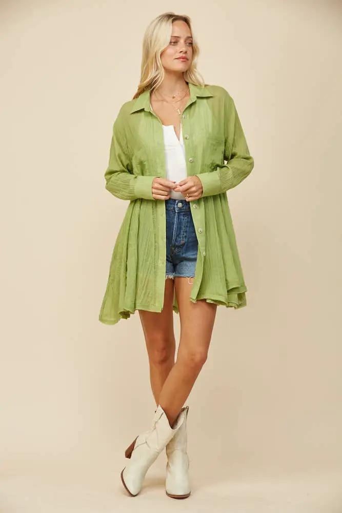 WISTERIA LANE Wisteria Lane - Lime Gauze Wide Sweep Paneled Shirt Dress - Dresses
