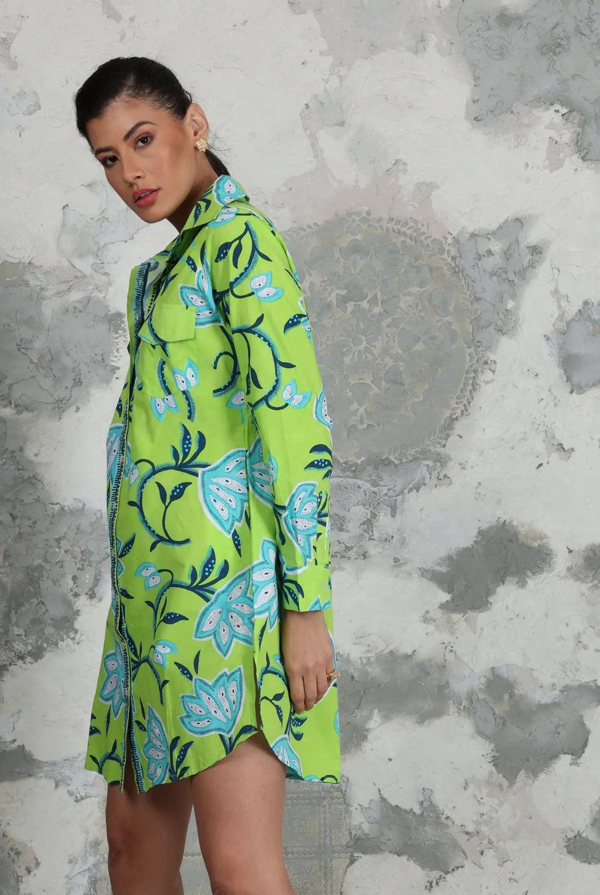 Avani Del Amour Avani Del Amour Lime Green Dancing Flower Long Sleeve Missy Shirt Dress - Dresses