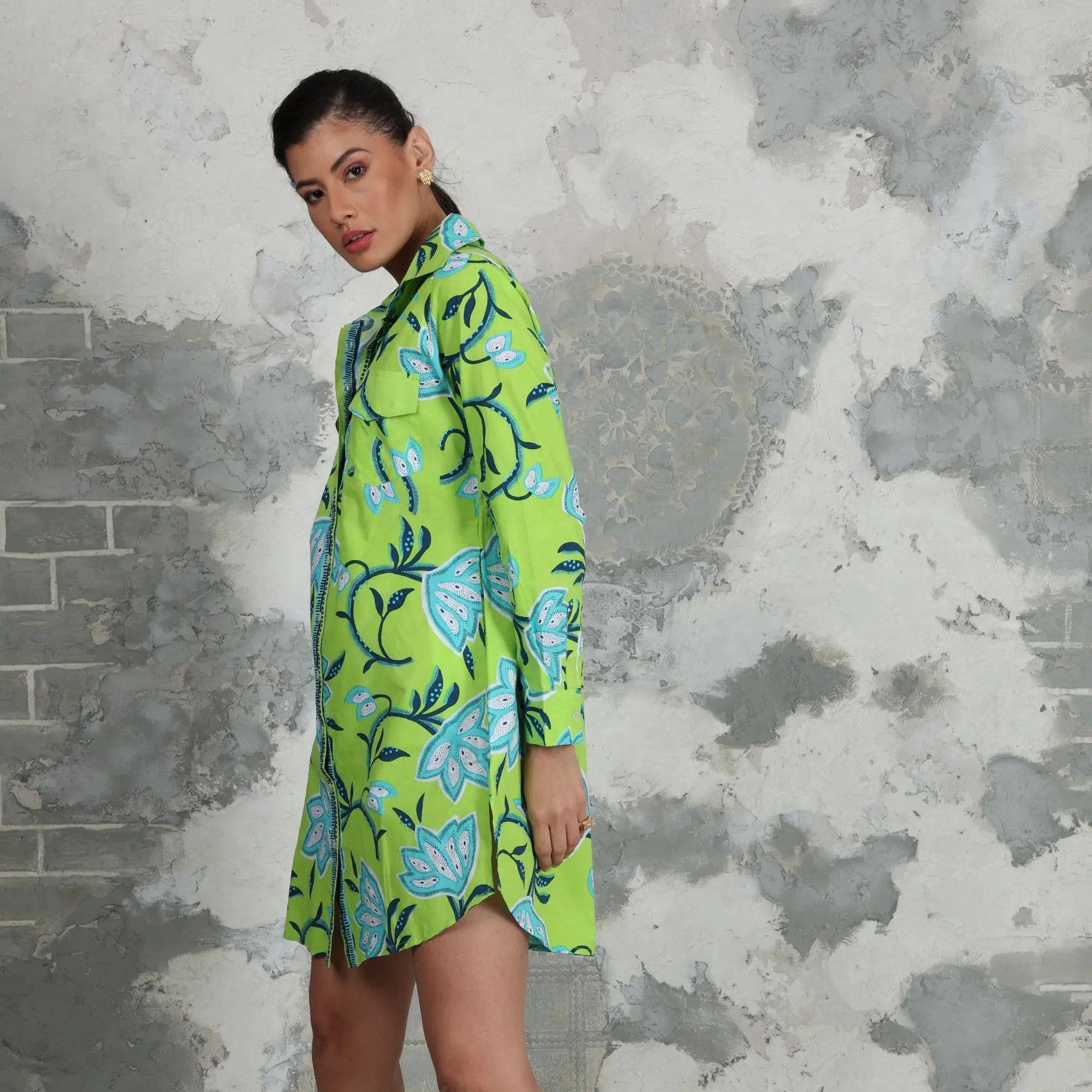 Avani Del Amour Avani Del Amour Lime Green Dancing Flower Long Sleeve Missy Shirt Dress - Dresses