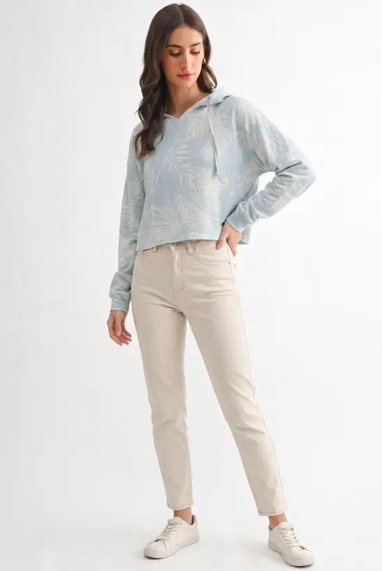 Camellia Dusty Sage French Terry Cropped Hoodie With Tropical Leaf Print - Hoodies