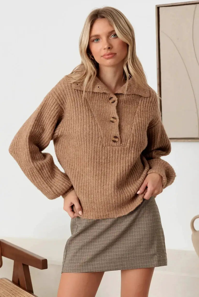 MABLE Mable 100% Wool Button-Up Neck Pullover Sweater - Sweaters sweater