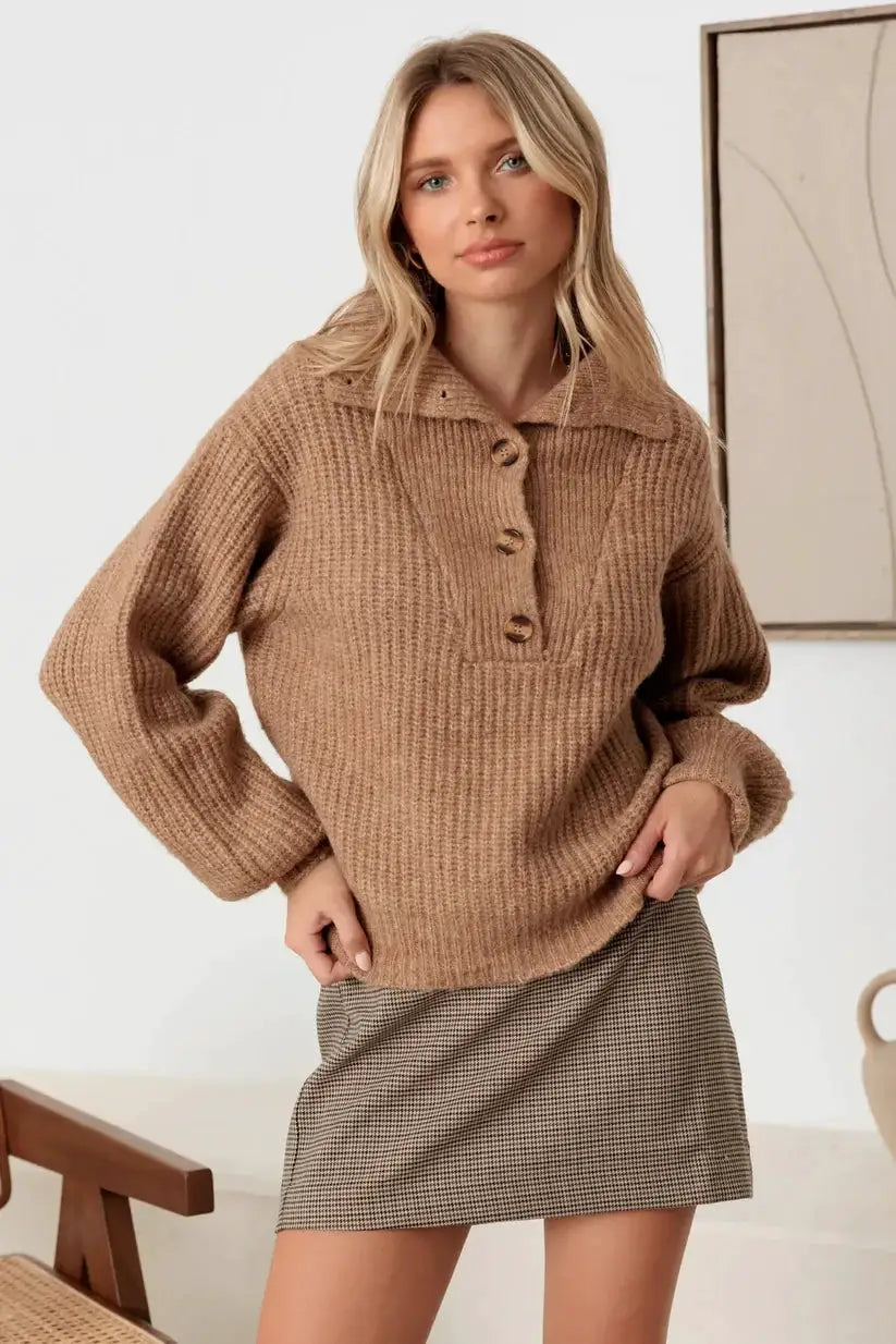 MABLE Mable 100% Wool Button-Up Neck Pullover Sweater - Sweaters sweater