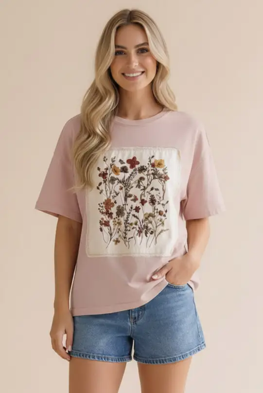 Haptics The Fields of Grace Patchwork Graphic Tee in Dusty Rose - T-Shirts