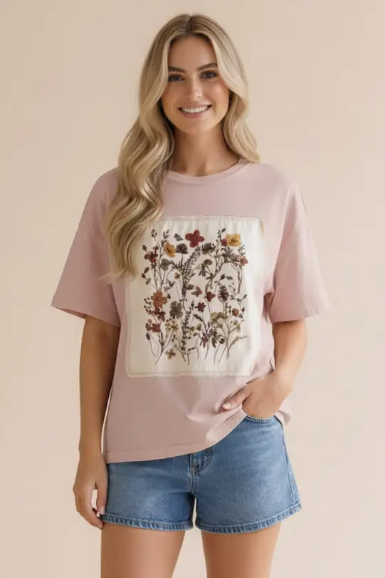 Haptics The Fields of Grace Patchwork Graphic Tee in Dusty Rose - T-Shirts