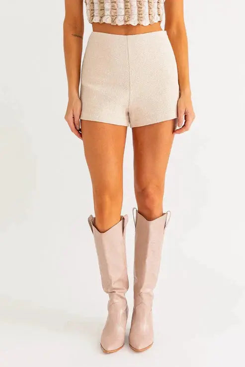 Le Lis Textured Elegant High-Waisted Back Zipper Shorts - Shorts ecru high waisted shorts