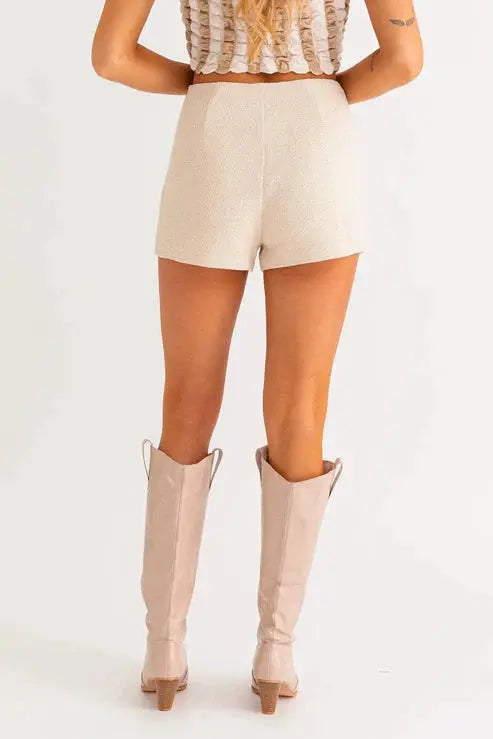 Le Lis Textured Elegant High-Waisted Back Zipper Shorts - Shorts ecru high waisted shorts