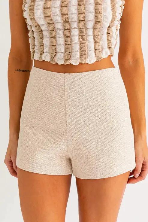 Le Lis Textured Elegant High-Waisted Back Zipper Shorts - Shorts ecru high waisted shorts