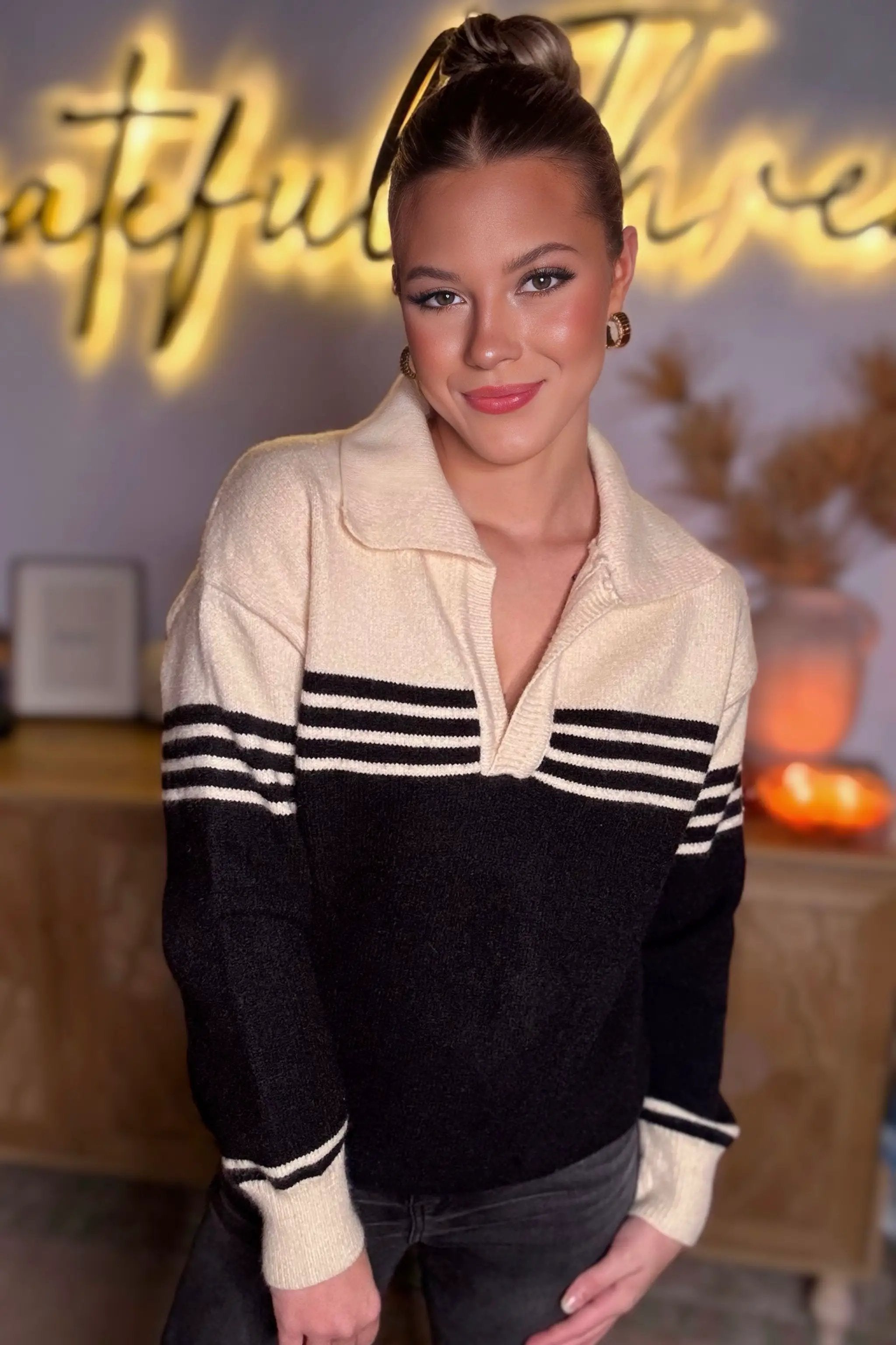 Grateful Threads Boutique Black Colorblock Stripe Collared V Neck Sweater - Sweaters Black Colorblock Stripe Collared V Neck Sweater