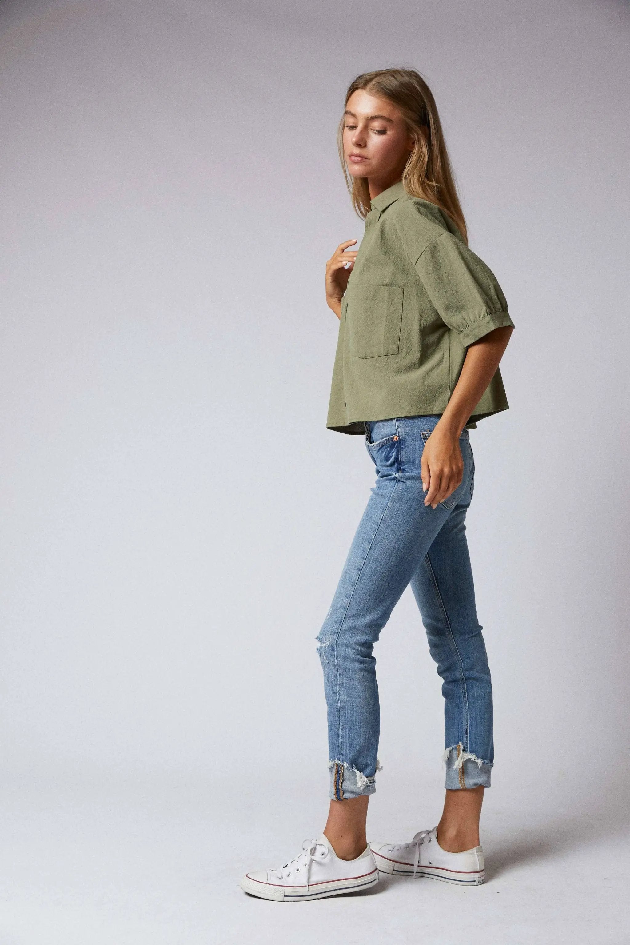 Cerule Elbow Sleeves Button Down 2 Pocket Crop Shirt - Shirts
