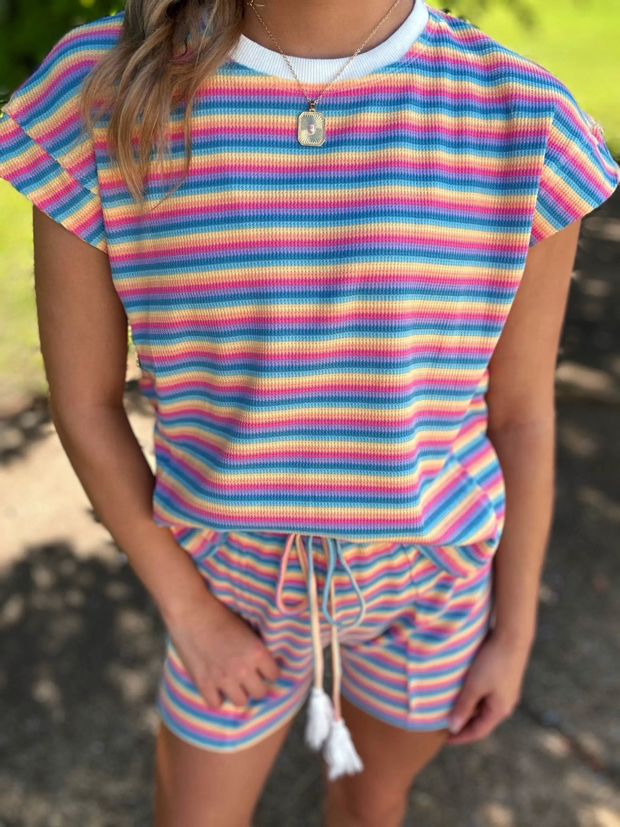 Grateful Threads Boutique Summer Stripes Lounge Set – Tee & Tassel Shorts - Outfit Sets