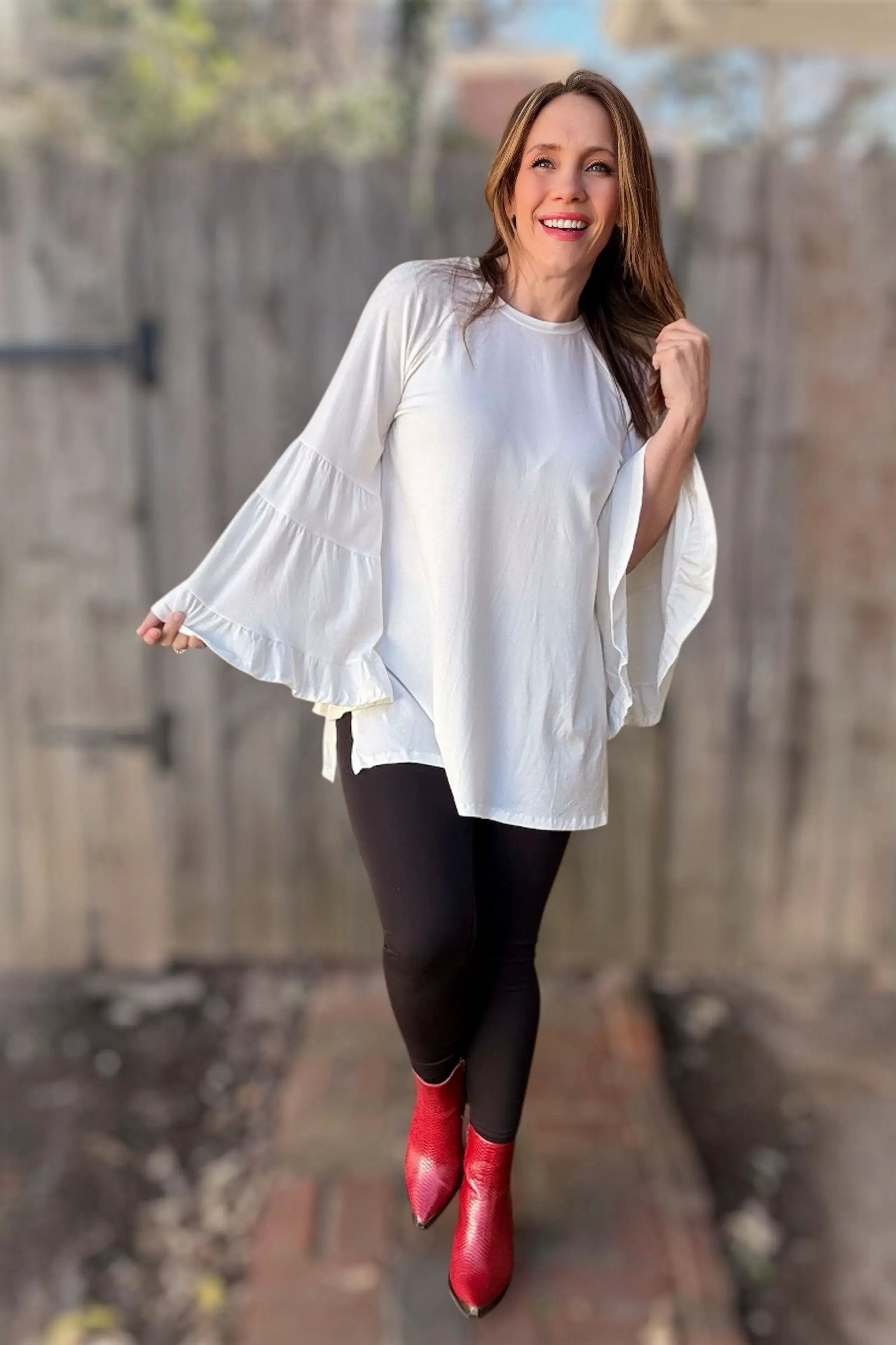 Three Bird Nest Three Bird Nest - Bell Sleeve Baseball Tee - White - Blouses tops-blouses