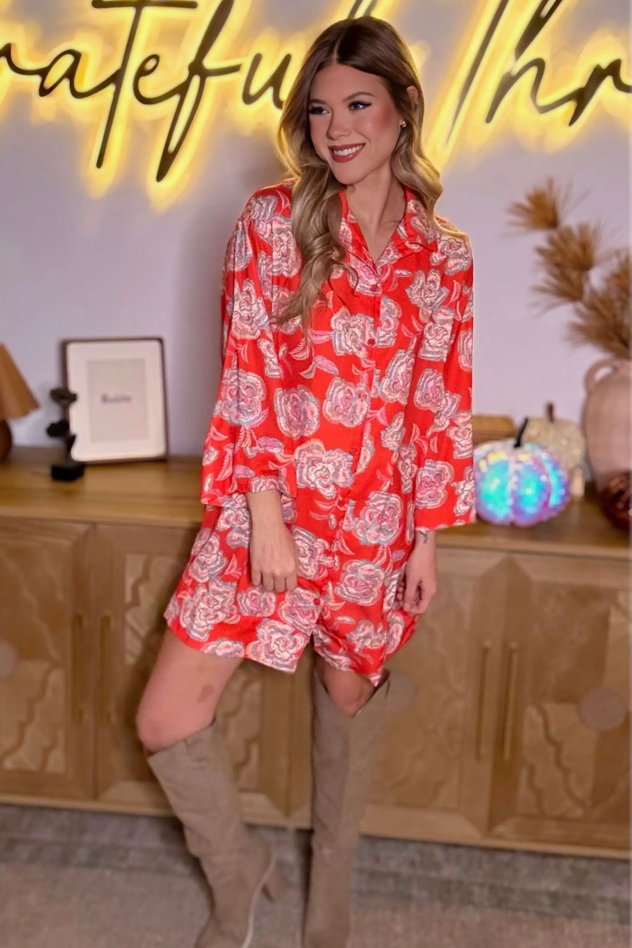 Grateful Threads Boutique Orange Floral Print Lapel Collar Mini Dress - Dresses