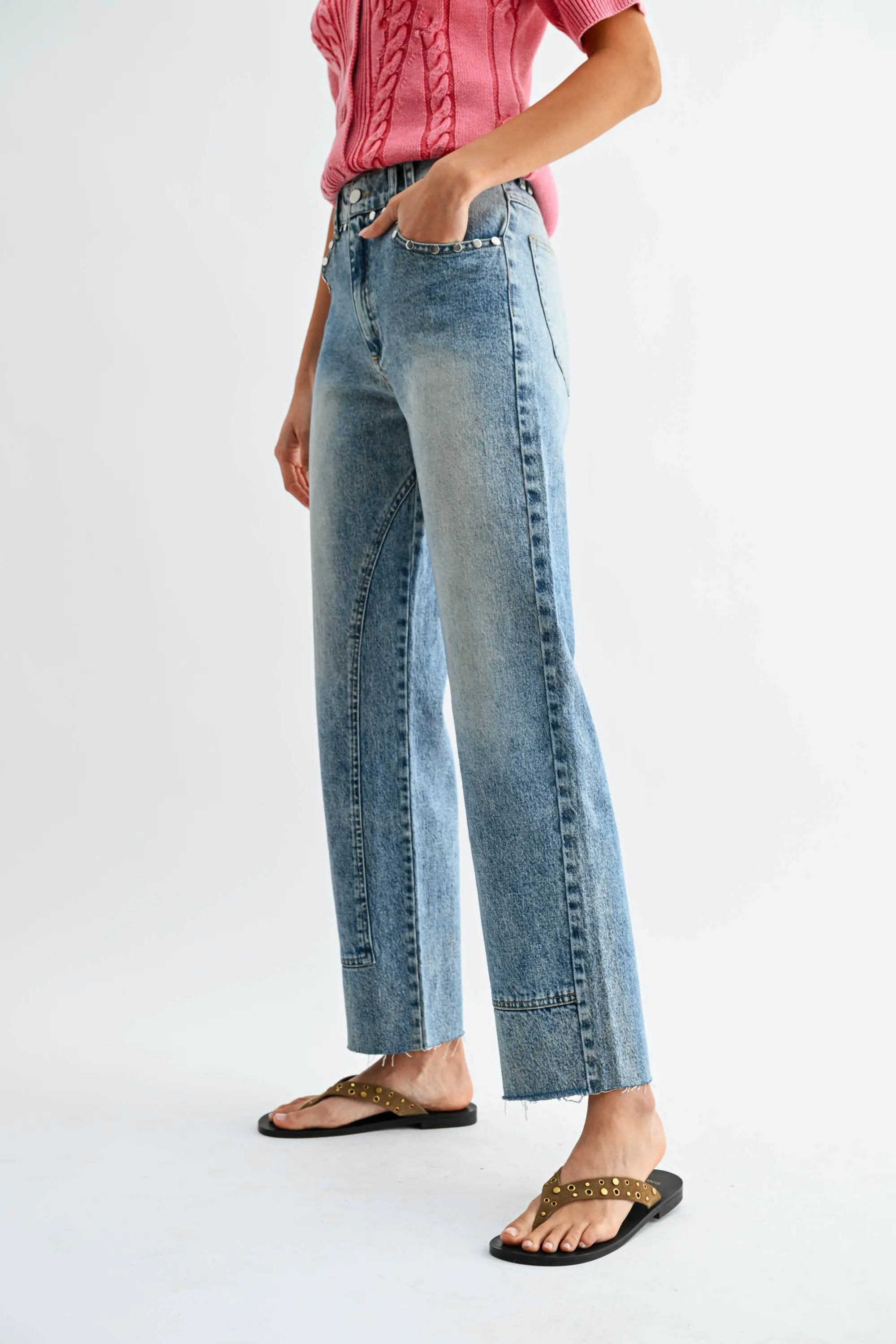 Camellia Camellia - CB10062E Studded High-Waist Straight-Leg Jeans: MEDIUM WASHED DENIM / S-M-L (3-2-1) -