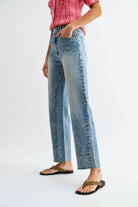 Camellia Camellia - CB10062E Studded High-Waist Straight-Leg Jeans: MEDIUM WASHED DENIM / S-M-L (3-2-1) -