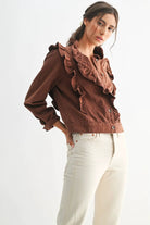 Camellia Camellia - RUFFLED BUTTON-UP DENIM JACKET: BROWN / S-M-L(3-2-1) -