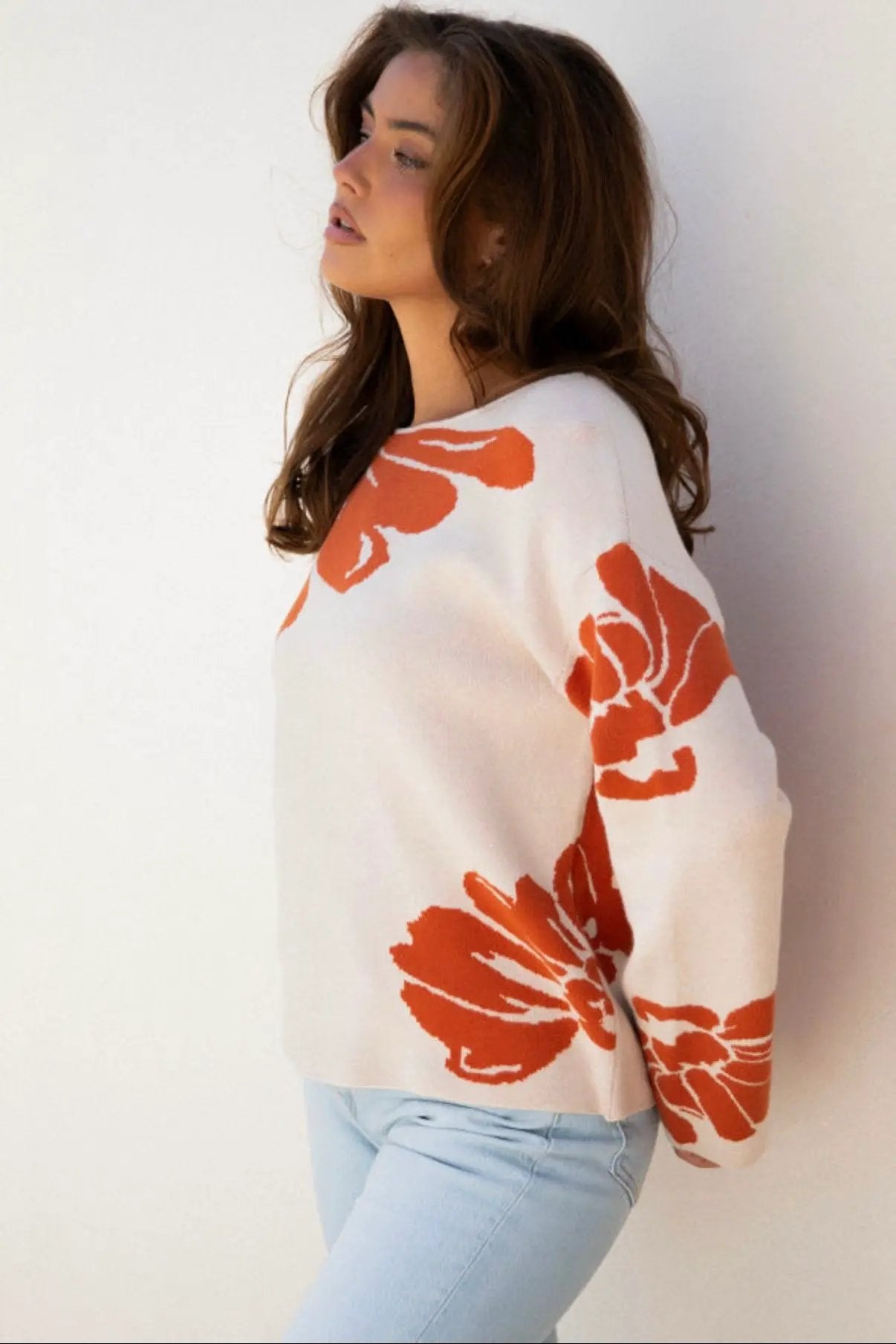 Grateful Threads Boutique Bold Flower Pattern Sweater - Sweaters Beige Bold Flower Pattern Southern Girl Baggy Sweater