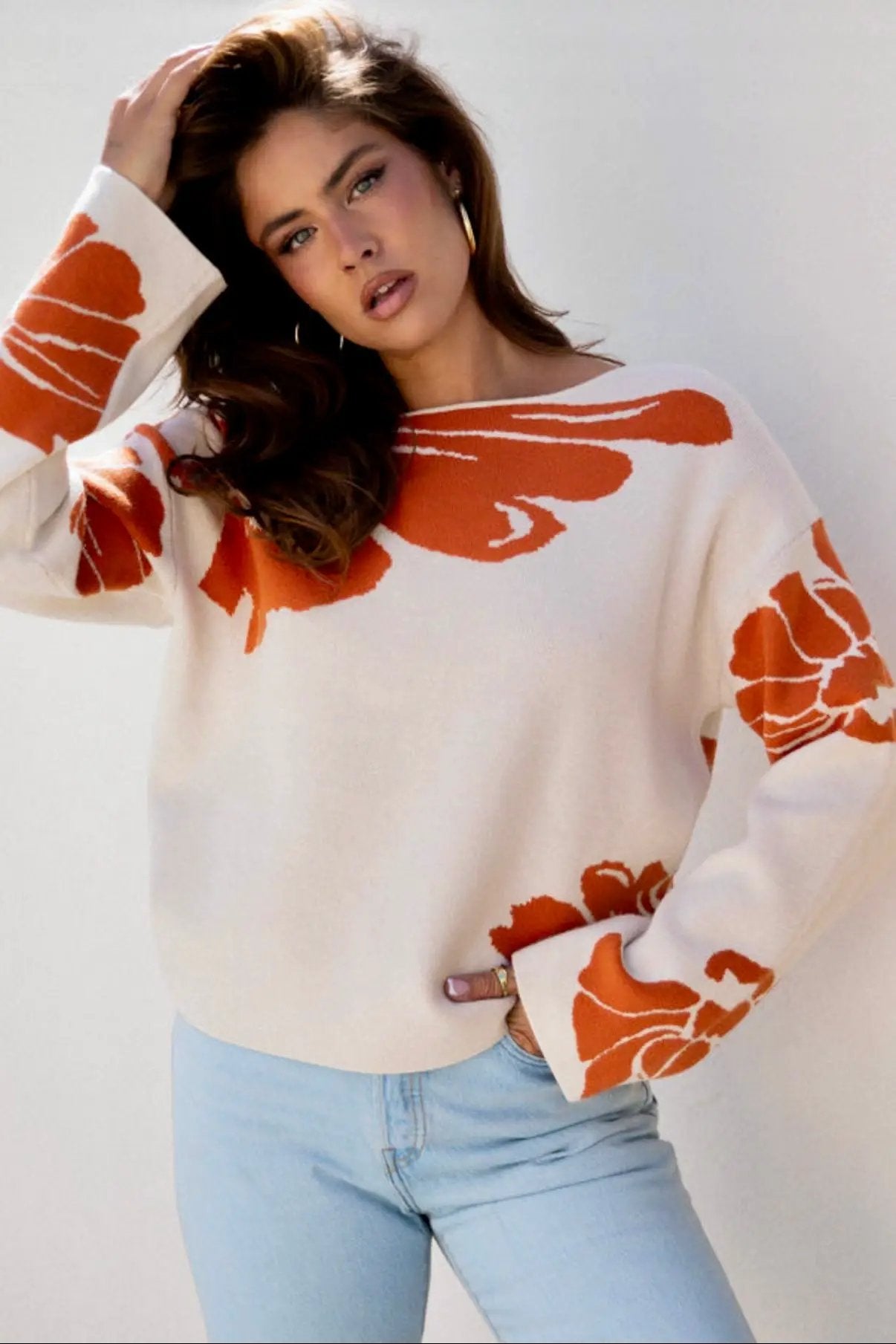 Grateful Threads Boutique Bold Flower Pattern Sweater - Sweaters Beige Bold Flower Pattern Southern Girl Baggy Sweater