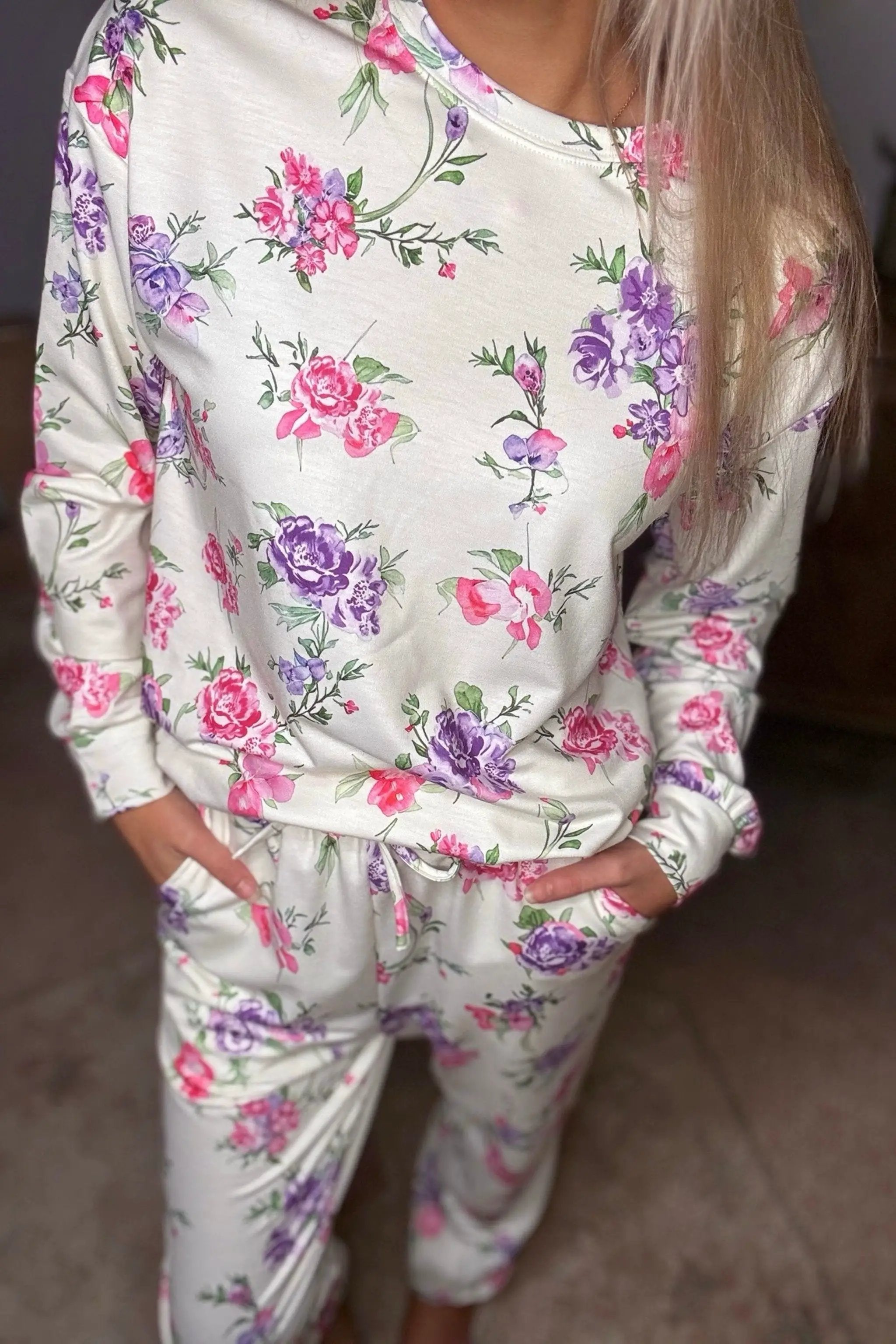Grateful Threads Boutique Wildflower Dreams Lounge Set - Loungewear Apricot Floral Print Pullover Drawstring Lounge Pant Set