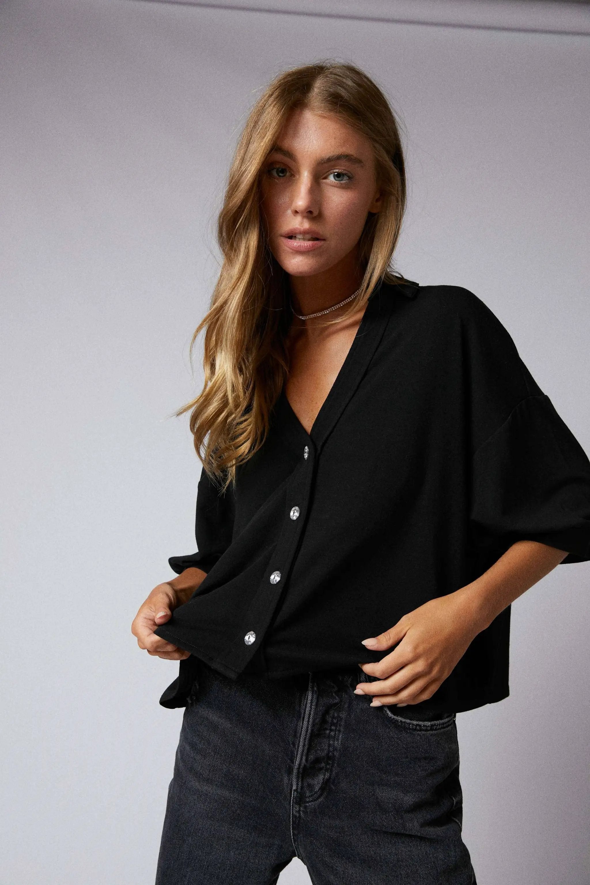 Cerule Elbow Sleeves W/Rhinstone Button Down Crop Shirt - Shirts