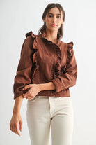 Camellia Camellia - RUFFLED BUTTON-UP DENIM JACKET: BROWN / S-M-L(3-2-1) -