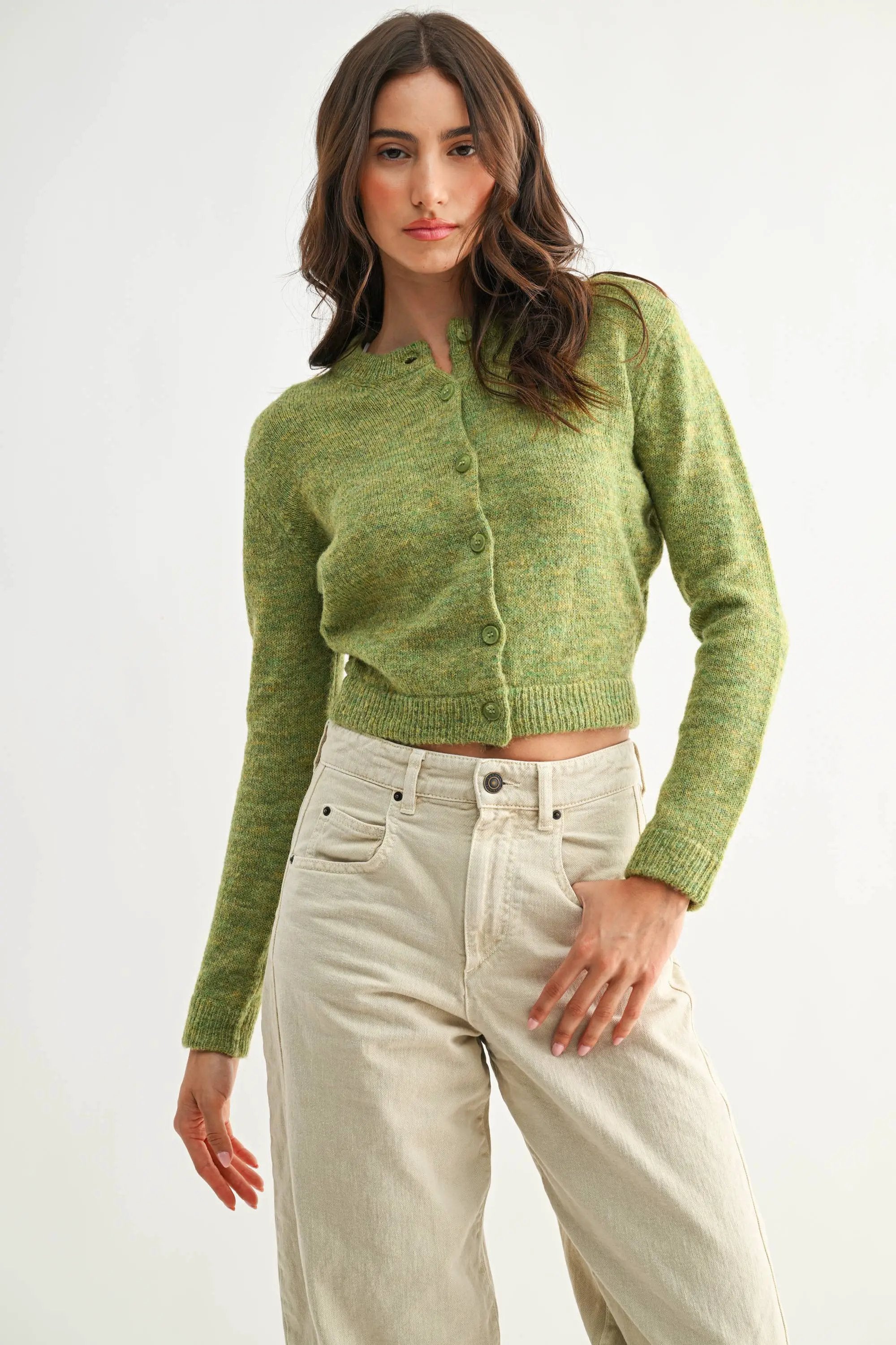Camellia Camellia - CMW26544 ELEGANTLY CRAFTED KNIT WOOL CARDIGAN - : OLIVE / S-M-L (3-2-1) -