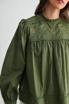 Camellia Camellia - EMBROIDERED OLIVE PUFF SLEEVE BLOUSE WTIH TRIM: OLIVE GREEN / S-M-L(3-2-1) -