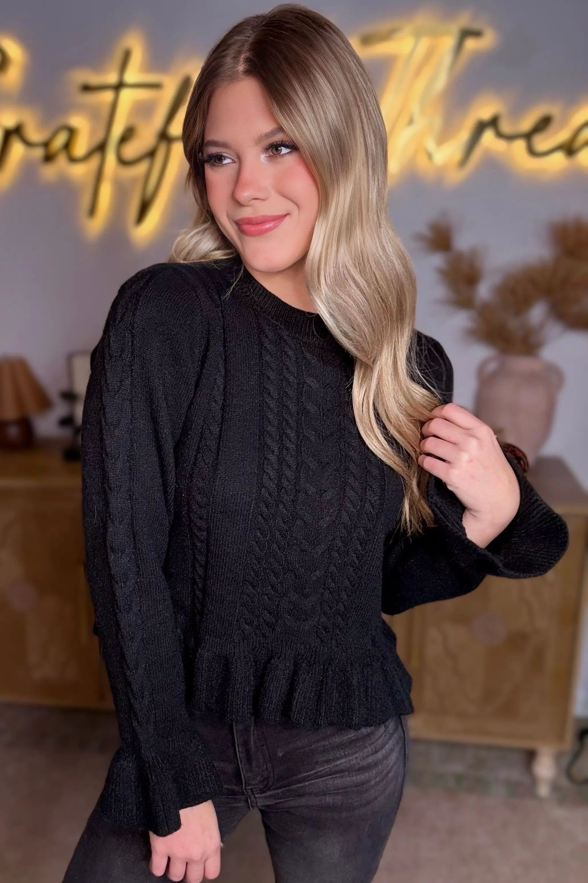 Grace & Emma Sweet Serenity Black Ruffle Hem Peplum Sweater - Sweaters black ruffle hem sweater