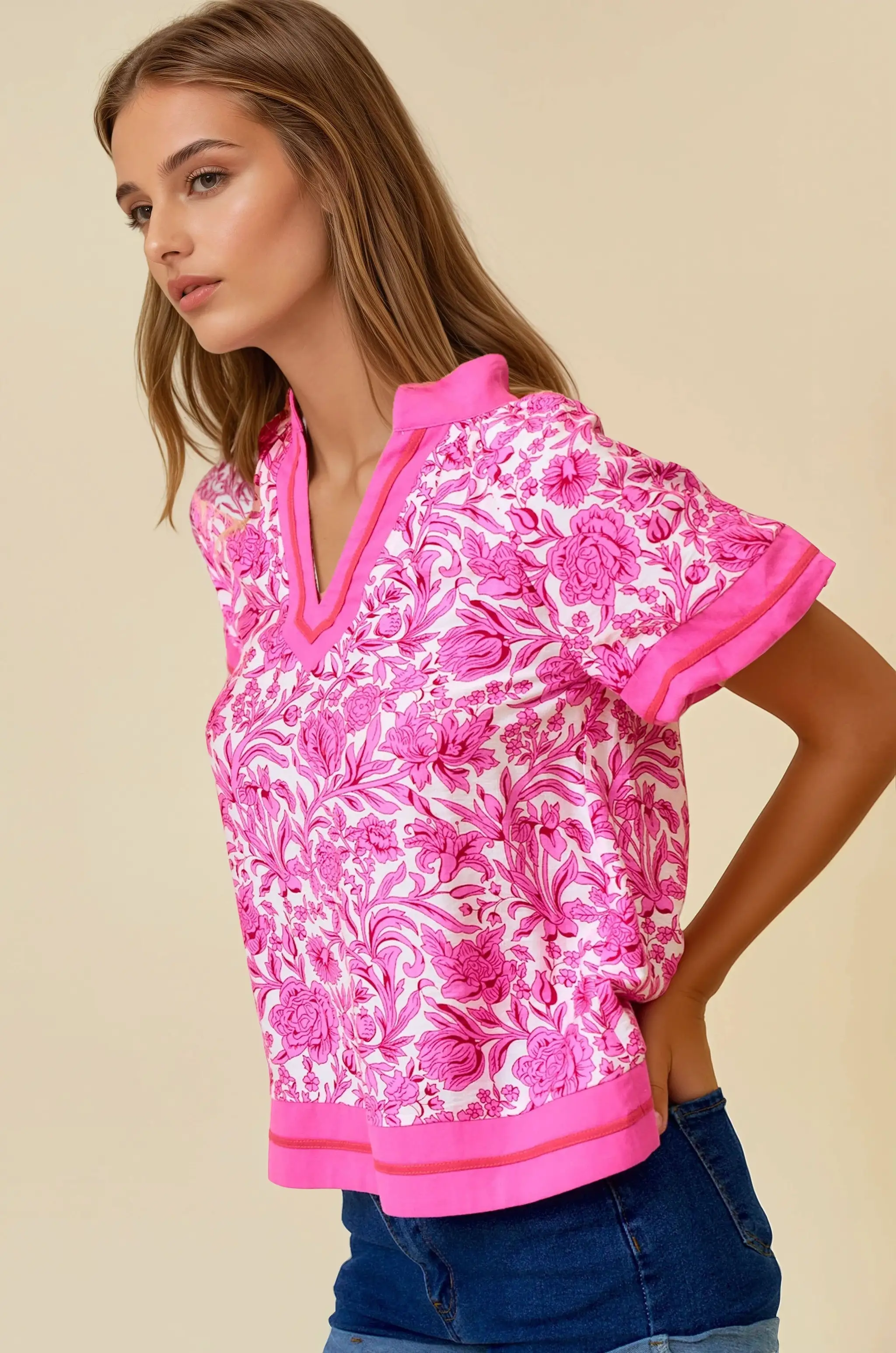 Doe and Rae The Petal Parade Contrast Floral Top - Blouses