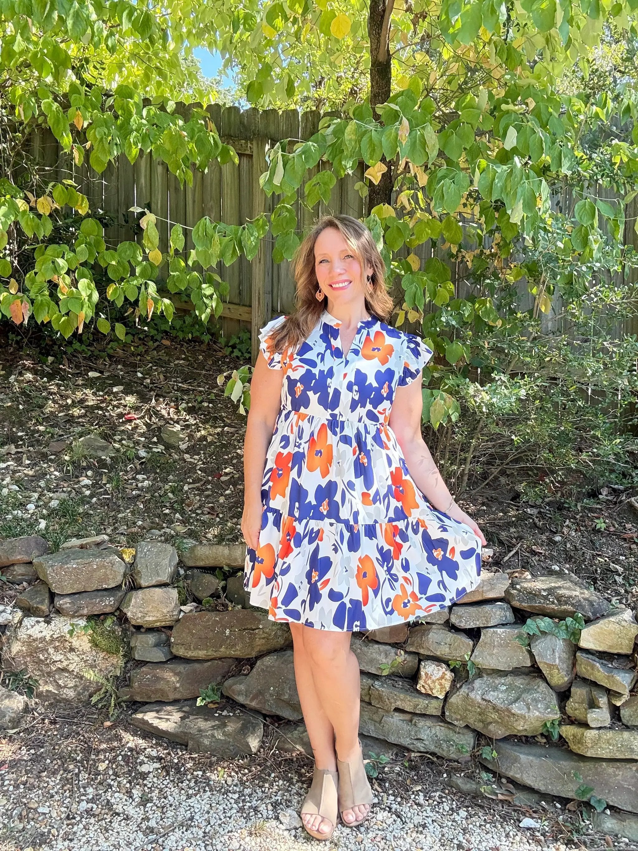 Grateful Threads Boutique Floral Print Notched Neck Flutter Sleeve Mini Dress - Dresses orange floral flutter sleeve mini dress